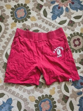 A Bathing Ape Men's Red Logo Cotton Shorts